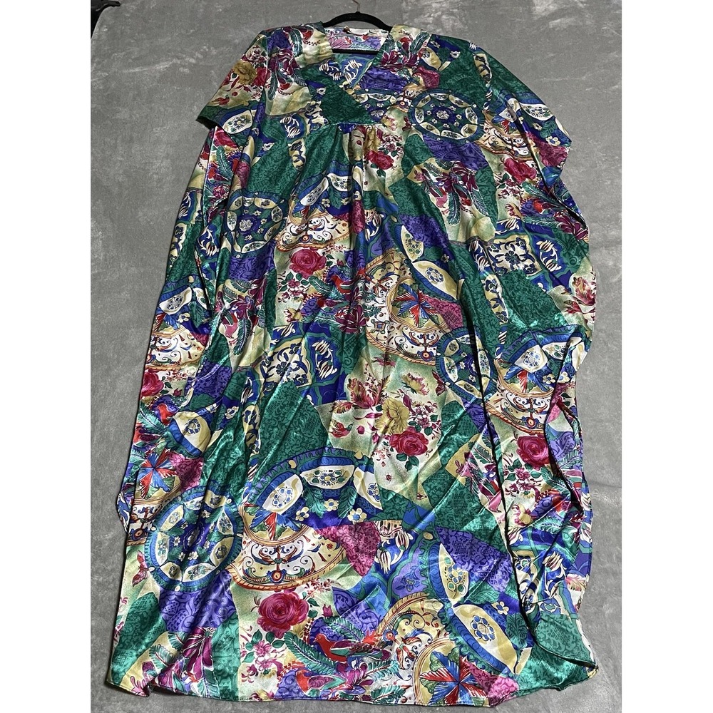 Vtg California‎ Dynasty One Size Caftan Satin Floral Lounge House Dress Maxi USA
